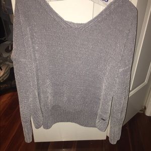 Off the shoulder grey fuzzy sweater
